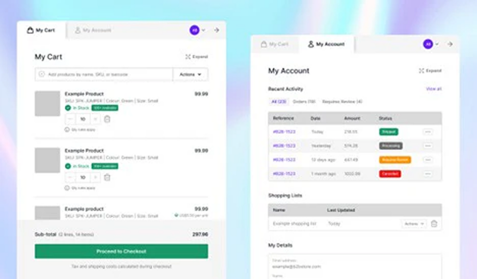 Wholesale account and cart screenshots
