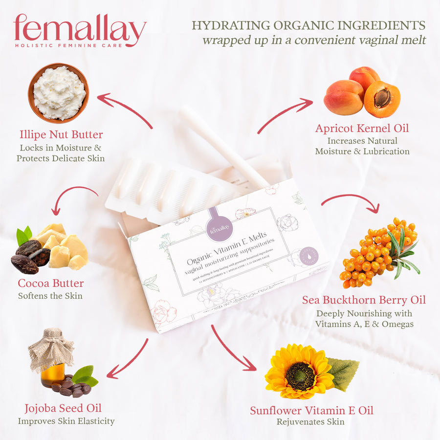 Organic Vitamin E Vaginal Suppository Melts (Unscented & Unflavored) - Extra-Gentle Formula Organic Vitamin E Vaginal Suppository Melts (Unscented & Unflavored) - Extra-Gentle Formula